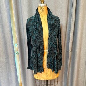 "PRAIRIE COTTON"  burnout knit print draped collar cardigan. SIZE M